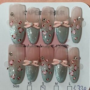 [S] 🎀 10Pcs Wearable Press on Nails Long Leopard Print Ribbon Pearl Rhinestone